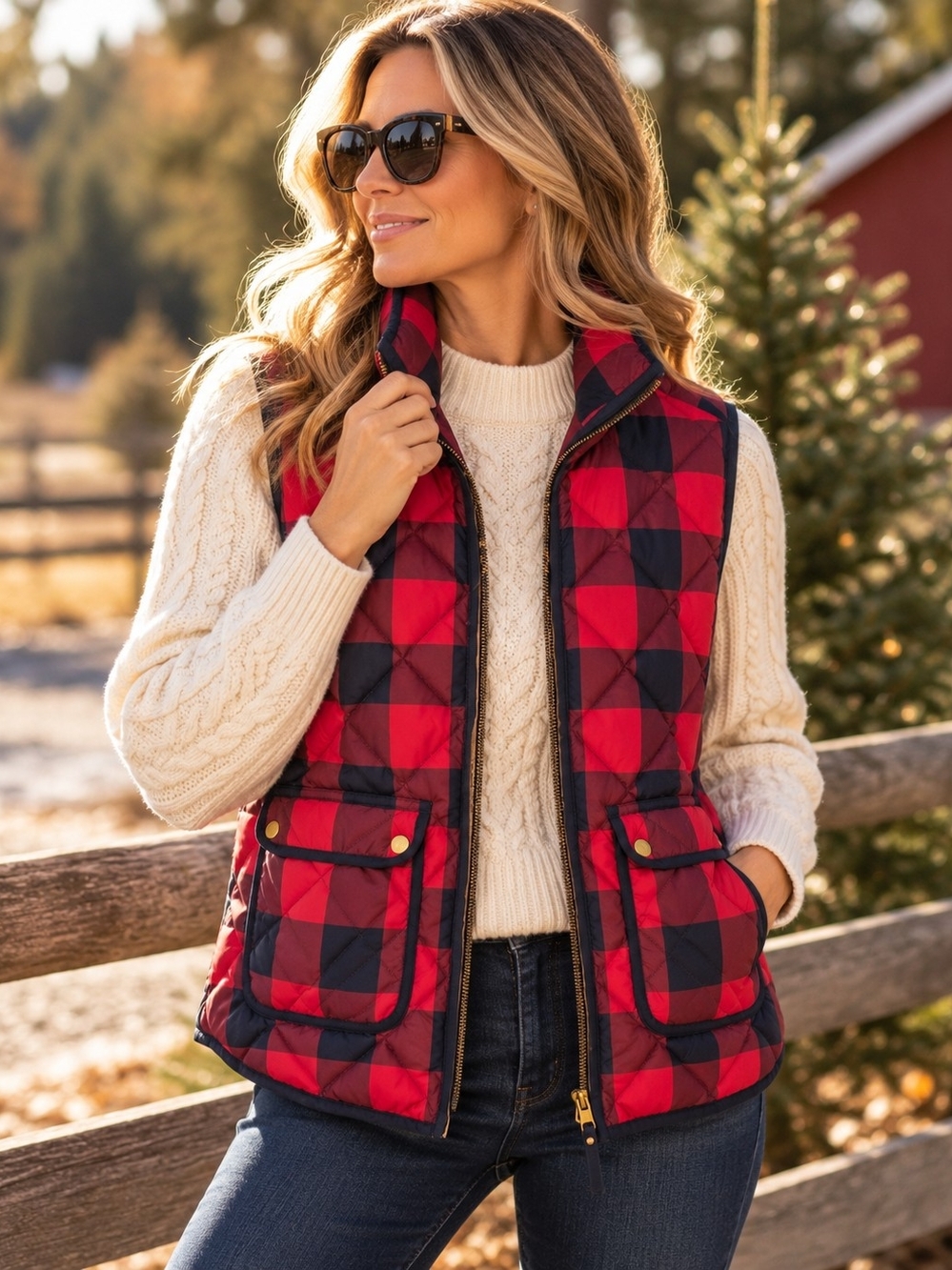 J. Crew Buffalo Plaid Diwn Puffer Vest Red Navy Size L